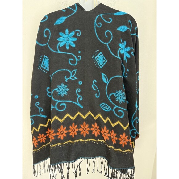Poncho Wrap Boho Southwest Black Turquoise Reversible Fringe Trim Sz OS - Picture 3 of 4